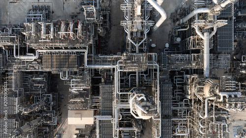Drone shot of industrial oil and gas refinery infrastructure in Chonburi eastern seaboard.