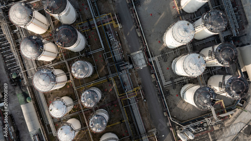 Drone shot of industrial oil and gas refinery infrastructure in Chonburi eastern seaboard.