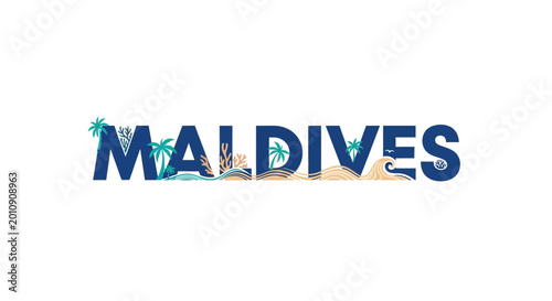 Maldives Text Art: Tropical Paradise with Palm Trees, Coral, and Waves