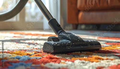 Vacuum cleaner on colorful rug floor.