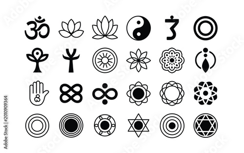 Collection of various spiritual and sacred symbols on white background