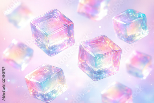 Iridescent Glass Cubes Floating In Pastel Dreamlike Light