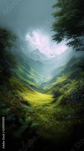 Lush Green Valley in Mountain Mist