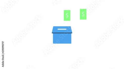 Blue charity box symbol icon, putting banknotes into the charity box. 4k resolution video