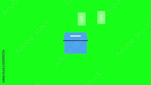 Blue charity box symbol icon, putting banknotes into the charity box. 4k resolution video