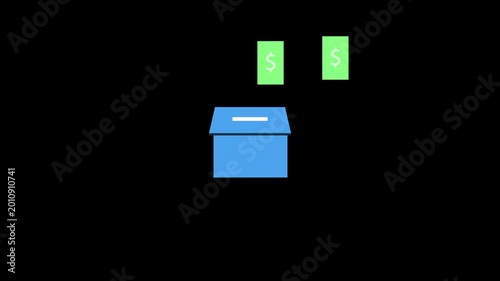 Blue charity box symbol icon, putting banknotes into the charity box. 4k resolution video