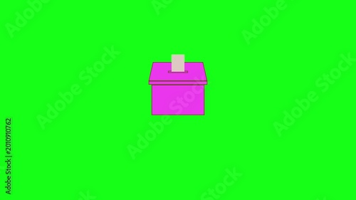 Illustration of a purple ballot box, with paper inserted into the box. Repeating motion graphic.