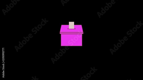 Illustration of a purple ballot box, with paper inserted into the box. Repeating motion graphic.