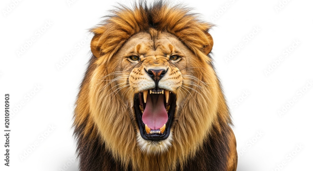 Obraz premium Close-up of a roaring lion with a full mane facing forward big cat ferocious