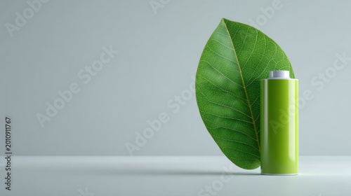 Eco-friendly battery concept with a large green leaf symbolizing sustainable power and energy