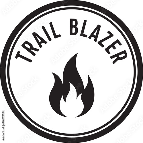 Trail Blazer logo, flame icon, black and white emblem, outdoor adventure symbol, vector badge