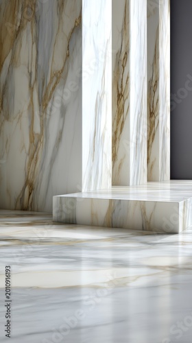 Luxury white and gold marble podium for product display in a minimalist architectural space 3D illustration