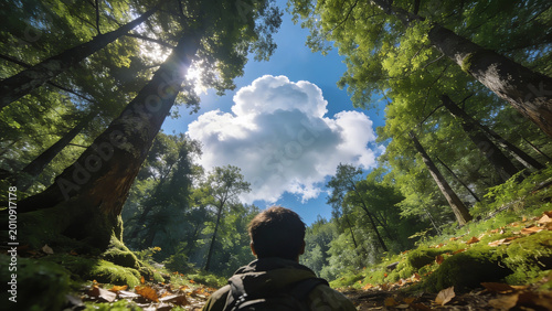 Person gazing upward through a dense forest canopy with sunlight filtering through leaves and a single fluffy cloud dominating the bright blue sky for a serene nature escape and peaceful outdoor