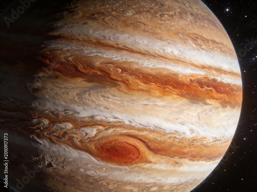 Majestic swirling gas giant planet with vibrant orange and white storm systems showcasing a colossal central hurricane surrounded by turbulent cloud bands in deep space cosmic atmosphere
