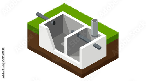 Foto An isometric cutaway reveals an underground, two-chambered concrete septic tank
