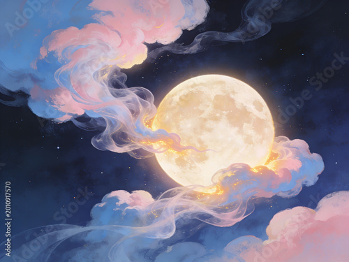 A breathtaking digital illustration of a luminous full moon glowing radiantly through soft dreamy clouds in a deep twilight sky showcasing ethereal golden light beams piercing the atmospheric