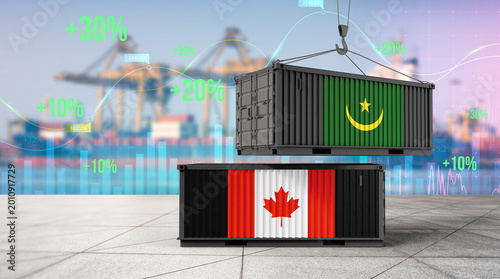 Obraz na płótnie International Trade Partnership: Freight containers adorned with flags of Canada and Mauritania symbolize a strategic business alliance, a testament to global commerce, mutual economic growth