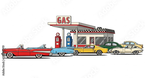 Tablou pe pânză Vintage Cars Lined Up At Retro Gas Station.