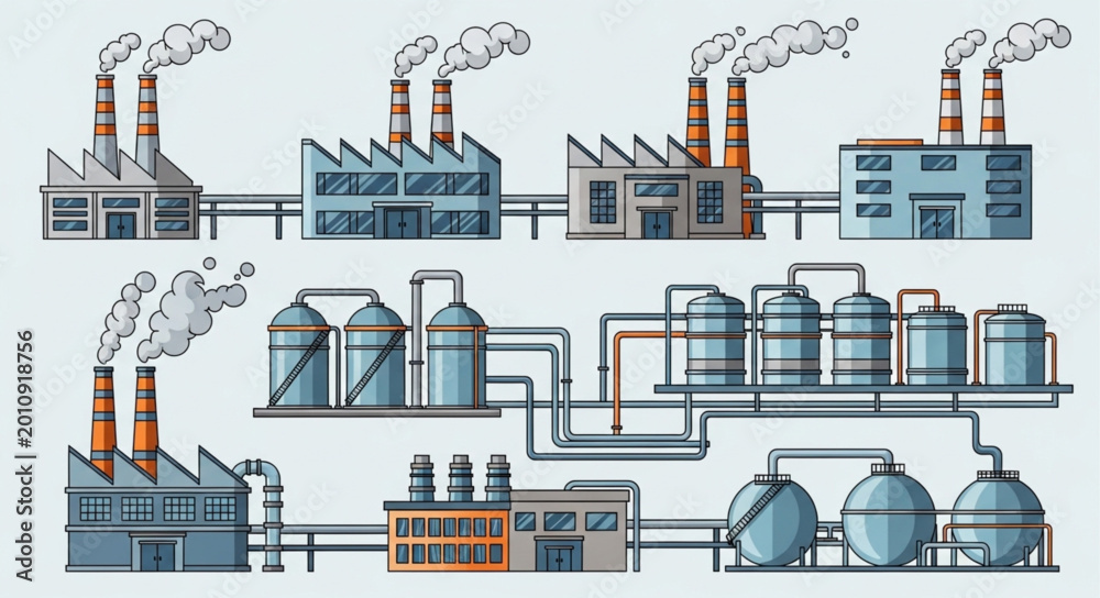 Fototapeta premium Industrial factory complex with smoking chimneys and pipelines.