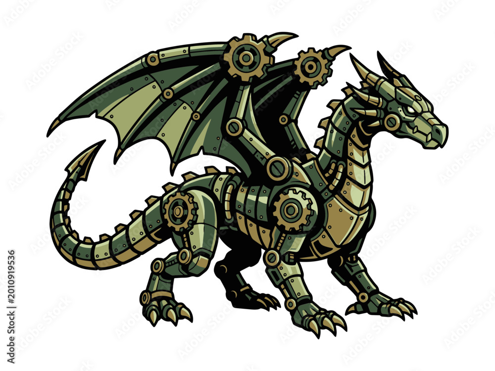 Fototapeta premium A detailed vector graphic of a mechanical dragon designed in a steampunk aesthetic featuring intricate gears, brass plates, and metallic armor.