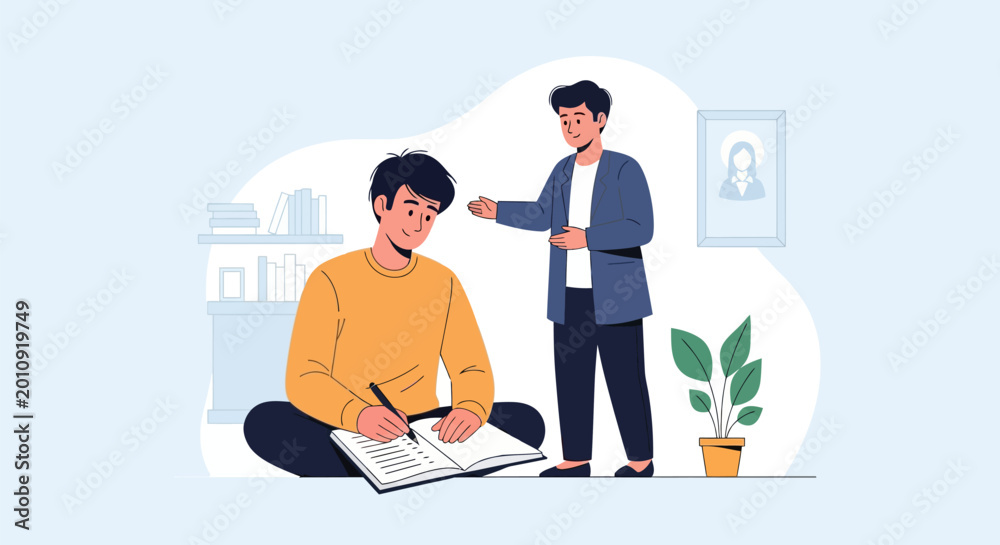 Fototapeta premium Flat Vector Illustration of Mentor Guiding Student Writing in Notebook