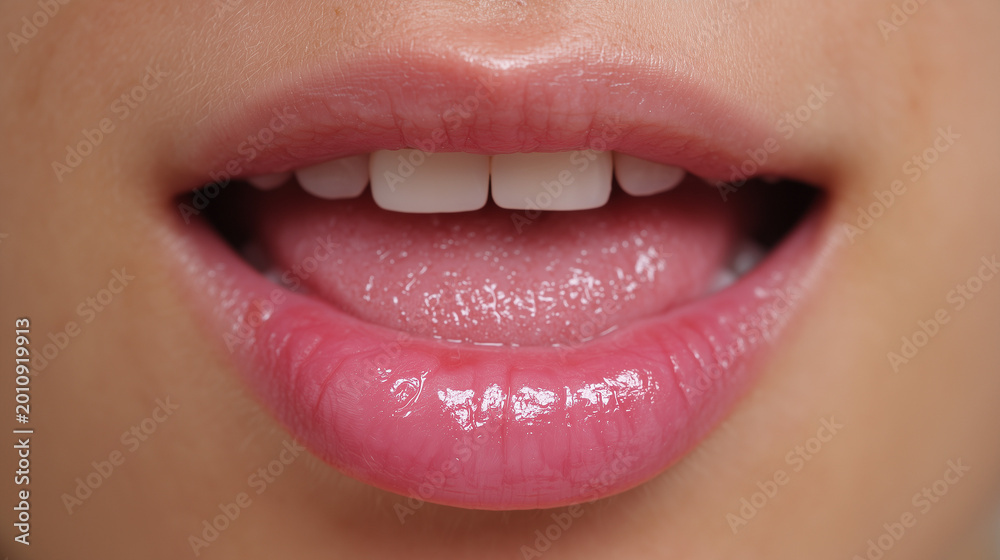 Naklejka premium Close-up of a person's slightly open mouth showing white teeth and pink glossy lips, dental and beauty concept.