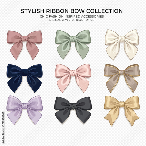 Elegant assortment of nine decorative ribbon bows in soft pastel and rich dark colors. High-quality vector illustration perfect for sophisticated gift packaging, fashion accessories, and stationery.