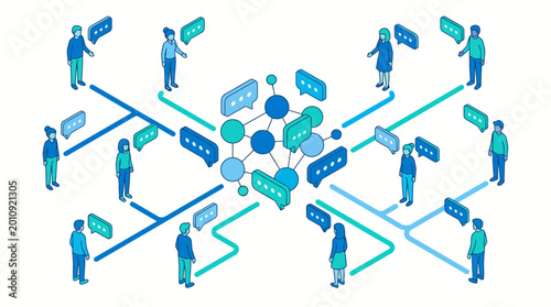 Isometric illustration of people communicating in a network.