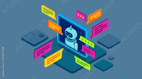 Isometric AI Chatbot Concept with Speech Bubbles and Digital Interface.