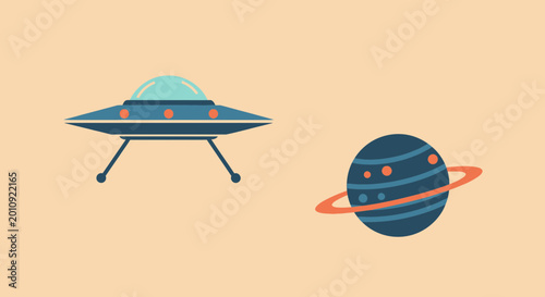 Canvastavla Retro UFO flying over a stylized planet with ring, flat design, science fiction concept