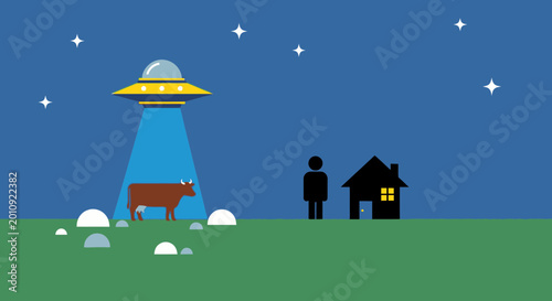 Bild auf Leinwand UFO Abducting Cow with Human Watching, Night Sky