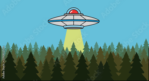 Tableau sur toile UFO flying saucer hovering over pine forest, emitting yellow light beam