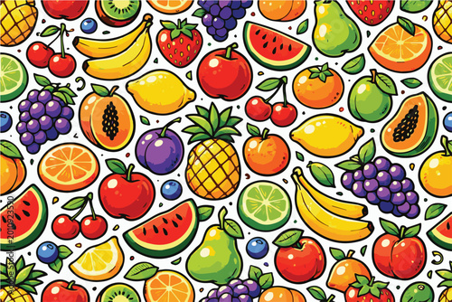 Foto Vector art cute pattern with many fruits like apples, grapes, papaya, oranges, bananas, and more, arranged in an abstract playful style with bright colors and cheerful vibe