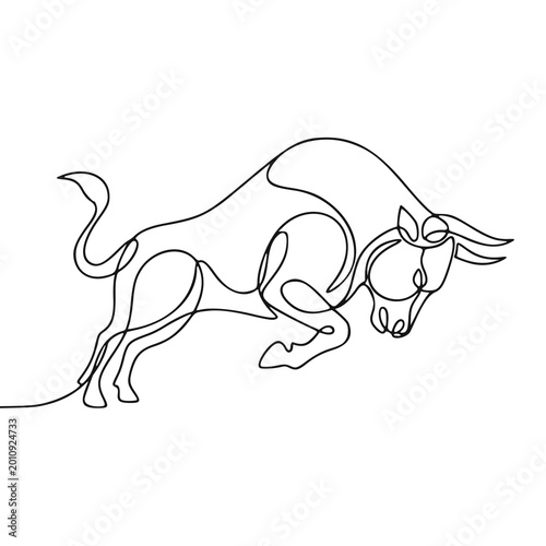 Minimalist continuous line art of a bull in motion, abstract and elegant drawing on a white background, symbolizing strength and determination in a single flowing line