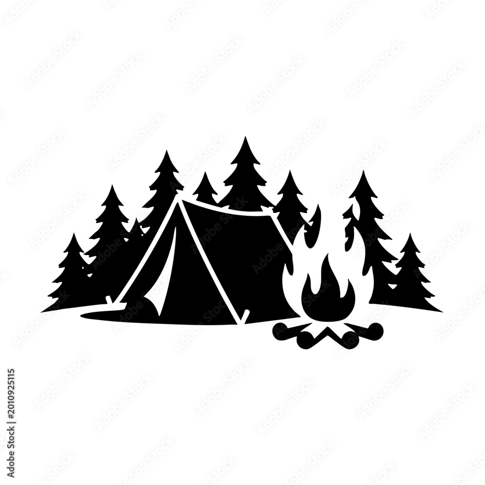 Obraz premium Minimalist forest camping silhouette with tent and campfire