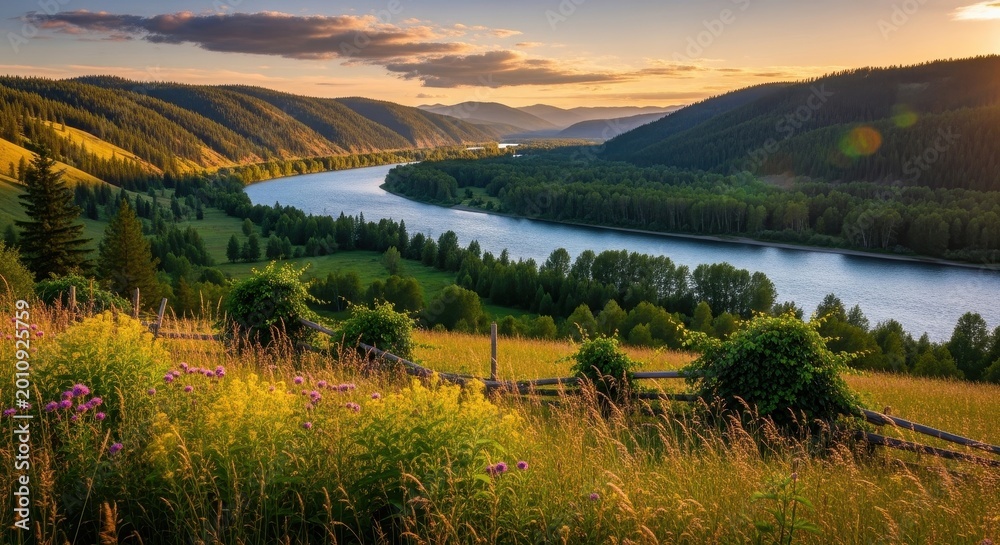 Obraz premium Scenic River Valley Landscape at Sunset with Lush Green Hills.