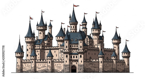 Foto Fairytale Medieval Castle Illustration with Flags and Towers.