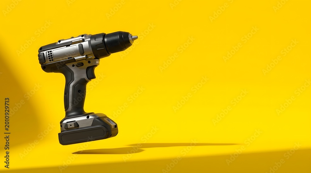 © สรวิชญ์ ไชยภักดี - Modern cordless power drill hovering against a bright yellow background