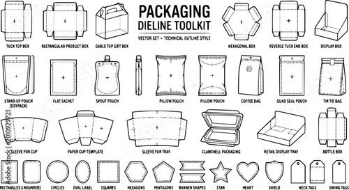 Black line packaging dieline templates vector set, box, pouch and label shapes technical outline style isolated on white background, designer toolkit illustration