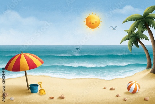 Playful tropical beach illustration with colorful umbrella, palm tree, ocean waves and sunny summer vacation mood for kids