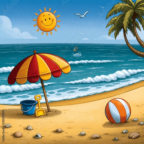 Sunny beach illustration with umbrella, ball and ocean waves, summer vacation and travel concept for holiday, relaxation and seaside fun