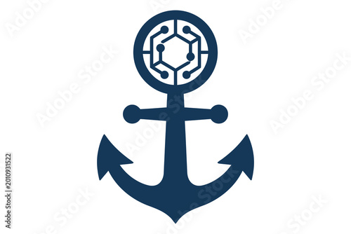 Bilde på lerret Anchor with technology network symbol connection point sea travel technology mar