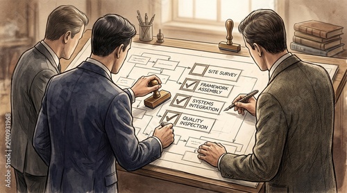 Business professionals reviewing and approving project workflow process on blueprint