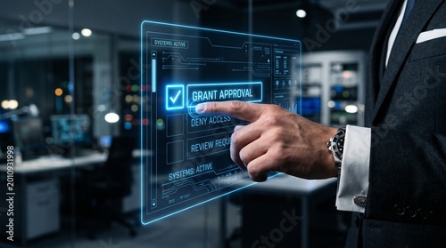 Businessman interacting with a futuristic digital interface for system access control