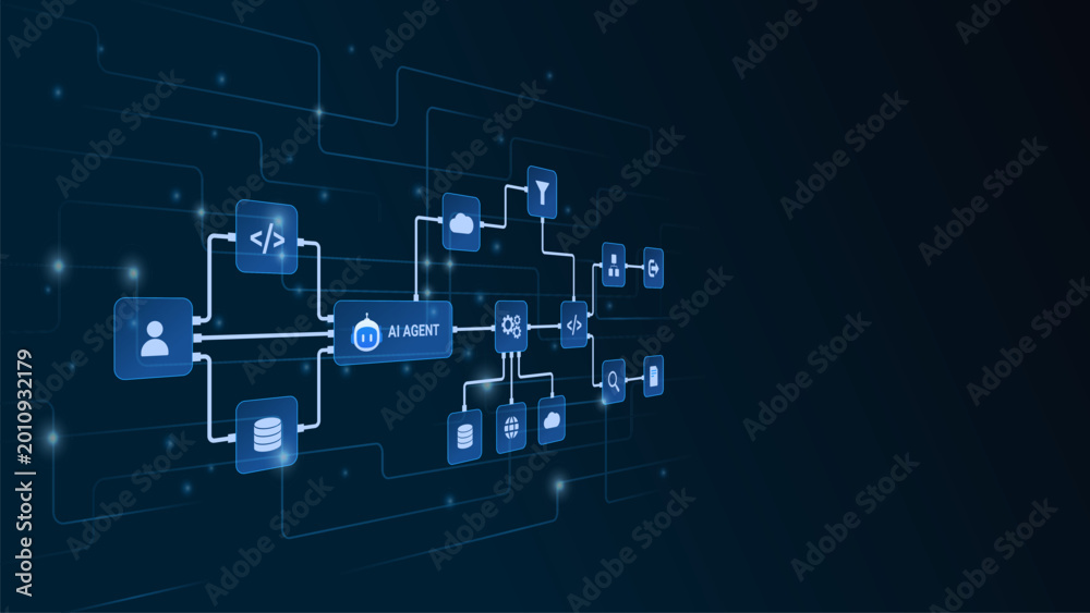 Obraz premium AI workflow automation artificial intelligence. ai agent network diagram connecting node input, processing flow, ai model and automation system.