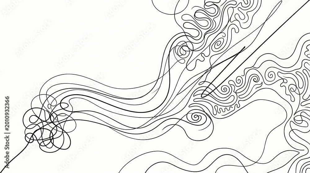 Fototapeta premium An intricate hand-drawn abstract illustration featuring flowing and swirling black lines on a clean white background, creating a dynamic and artistic monochromatic doodle.