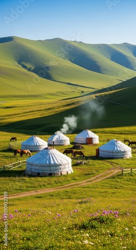 Scenic Mongolian Yurts Nestled in Lush Green Valley.