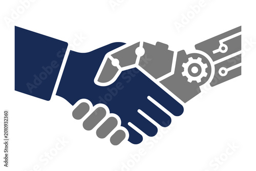 Human and robot handshake symbolizing artificial intelligence collaboration and technology partnership with handshake