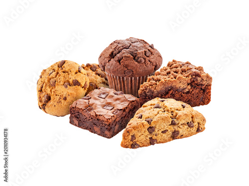 Fotografija Assortment of chocolate chip cookie, brownie, chocolate muffin, crumble bar, and scone on a transparent background