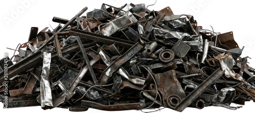 A large pile of miscellaneous rusted and crumpled metal scrap pieces including beams pipes and gears conveying industrial waste and recycling scrap metal industry junk debris